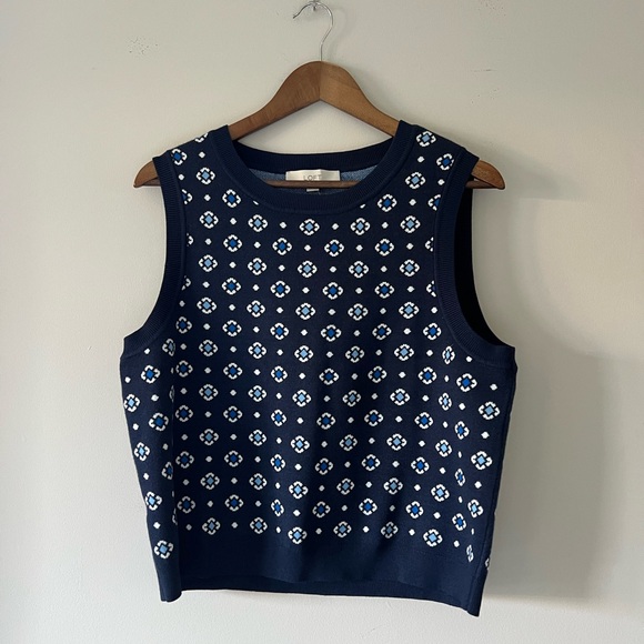 Loft Floral Jacquard Patterned Sweater Sleeveless Top - Navy Blue Size Large NWT - Picture 2 of 9